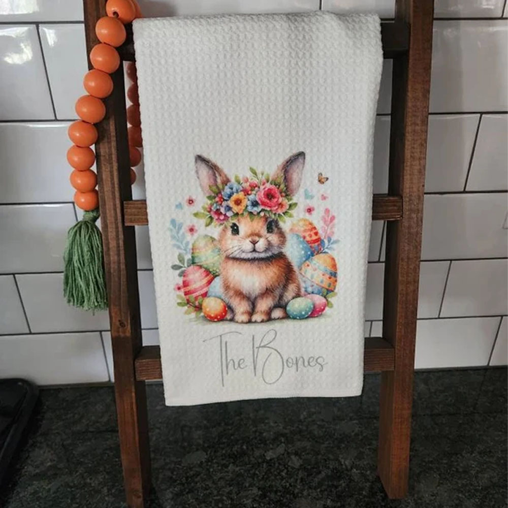 Personalized Easter Bunny Dish Tea Hand Kitchen Towel, Easter Gift Kitchen Decor New Home, Hostess, Decor