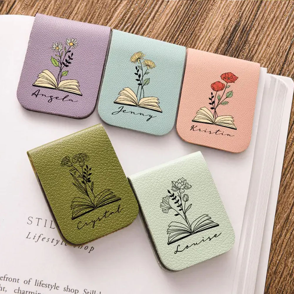 Custom Leather Name Bookmark with Birth Flower, Personalized Magnetic Bookmark for Women Men, Book Accessory, Birthday Gifts for Book Lovers Bookworm