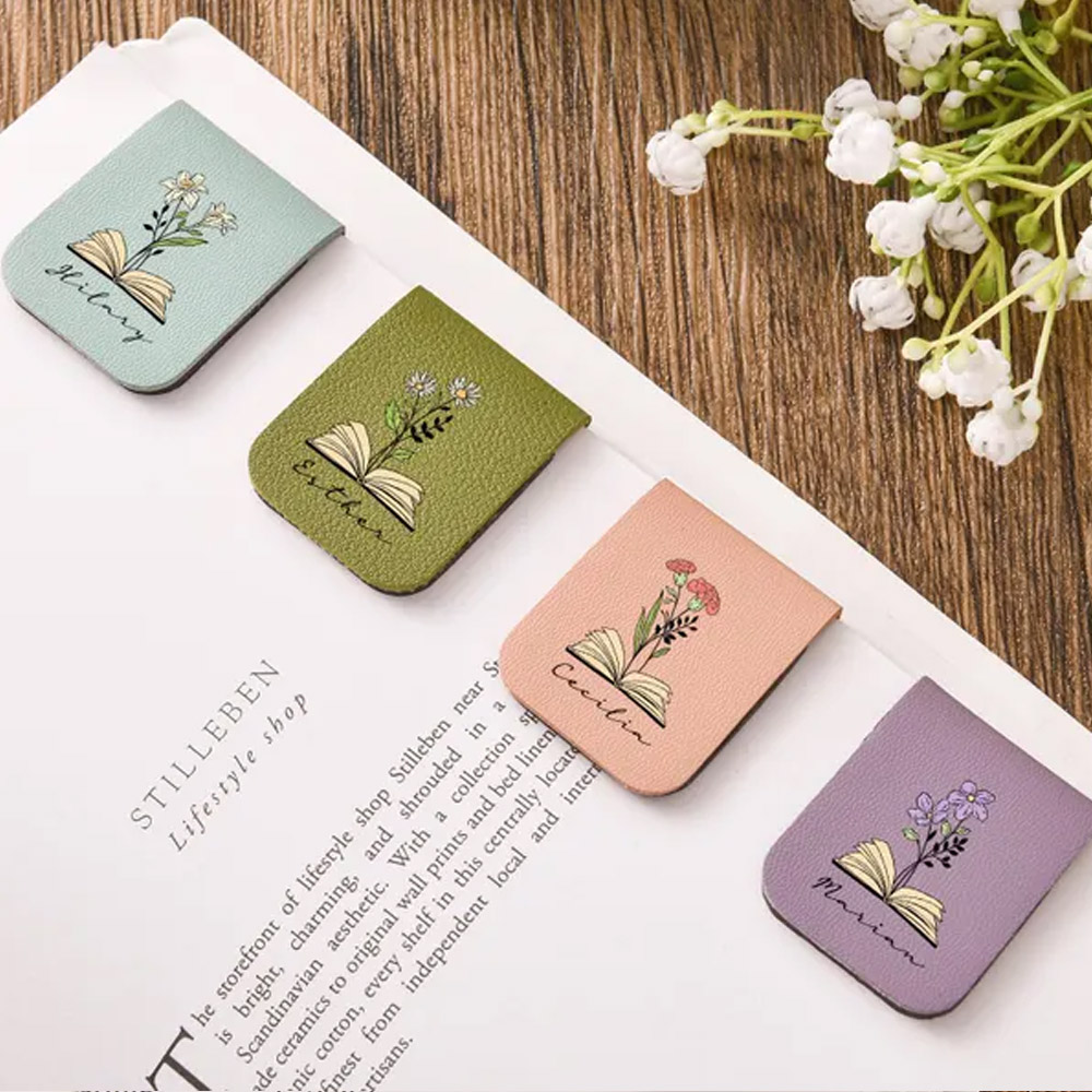 Custom Leather Name Bookmark with Birth Flower, Personalized Magnetic Bookmark for Women Men, Book Accessory, Birthday Gifts for Book Lovers Bookworm