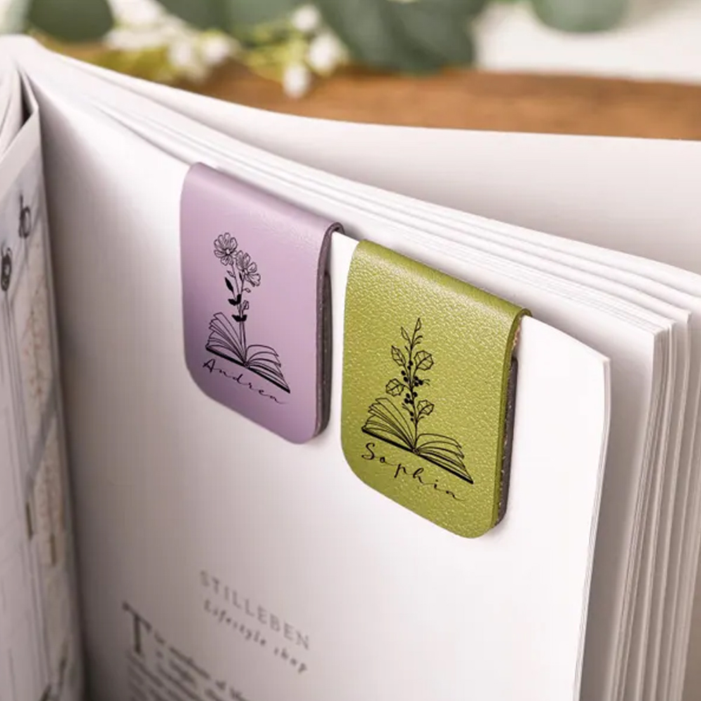 Custom Leather Name Bookmark with Birth Flower, Personalized Magnetic Bookmark for Women Men, Book Accessory, Birthday Gifts for Book Lovers Bookworm