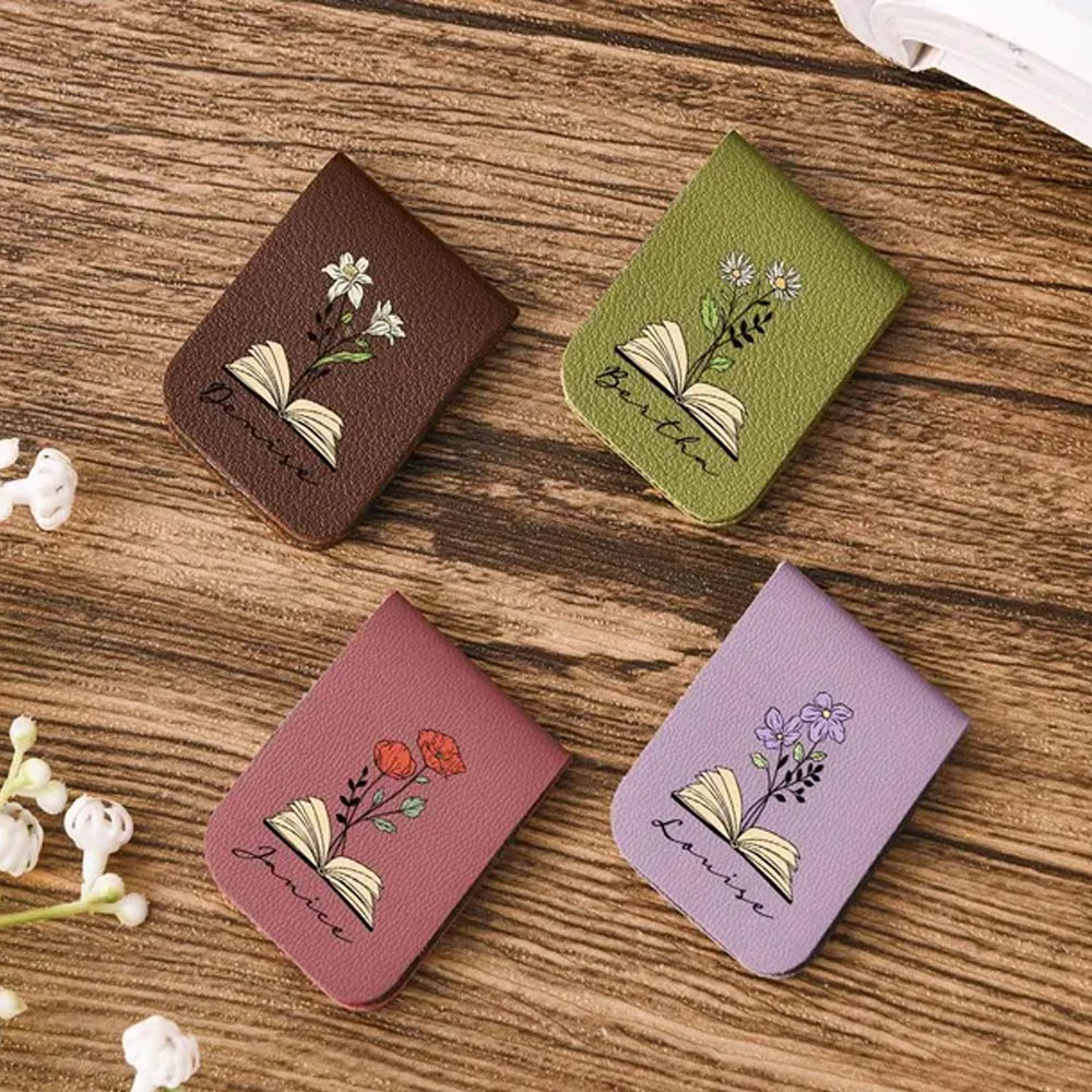 Custom Leather Name Bookmark with Birth Flower, Personalized Magnetic Bookmark for Women Men, Book Accessory, Birthday Gifts for Book Lovers Bookworm