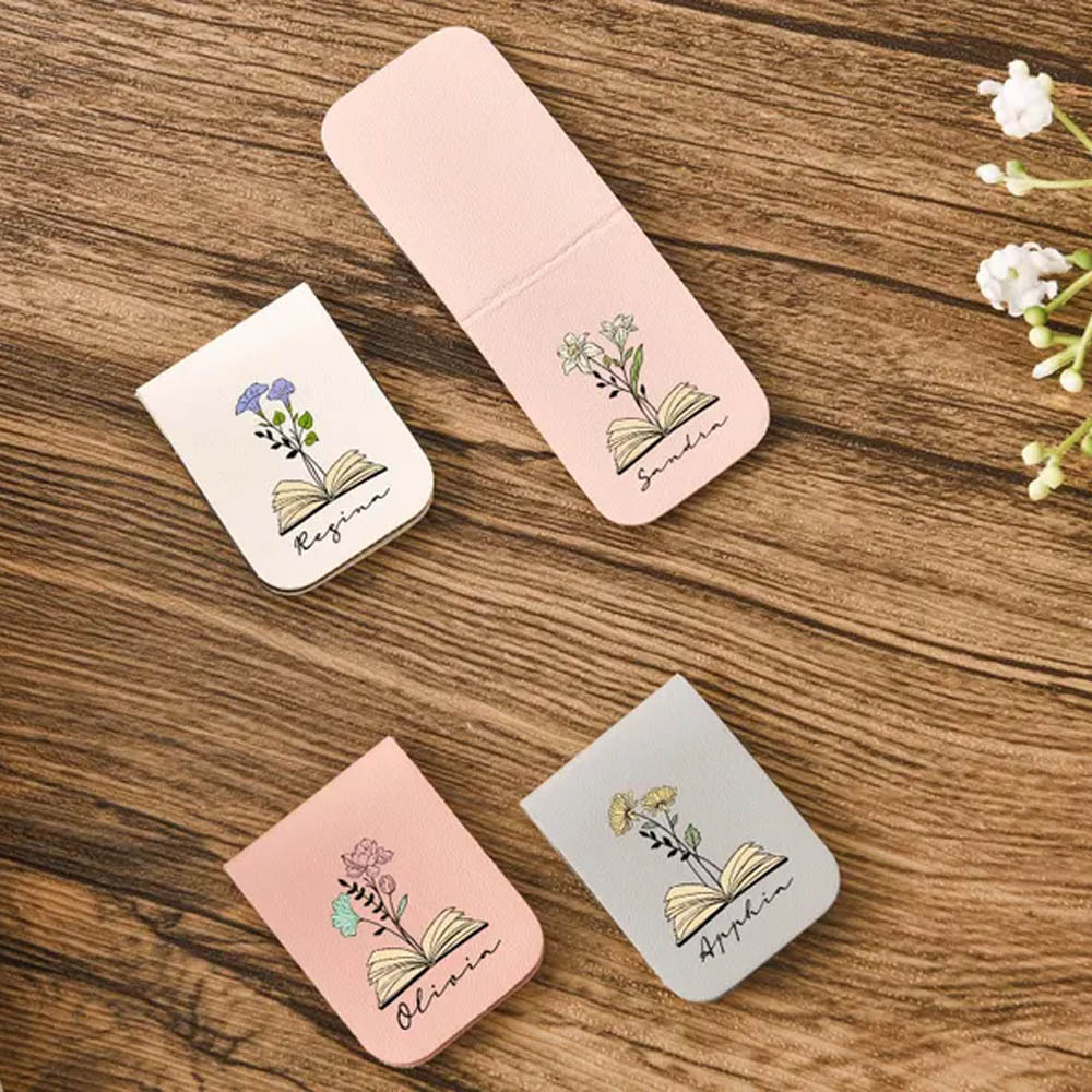 Custom Leather Name Bookmark with Birth Flower, Personalized Magnetic Bookmark for Women Men, Book Accessory, Birthday Gifts for Book Lovers Bookworm