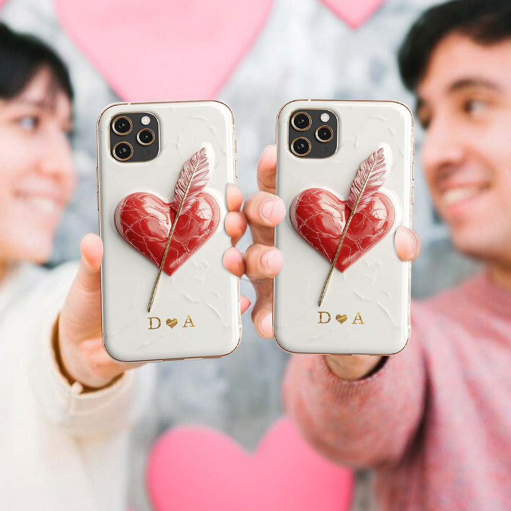 Personalized Heart Phone Case for Couples, Custom Initials, Valentine's Day Gift, Romantic Love Heart Design