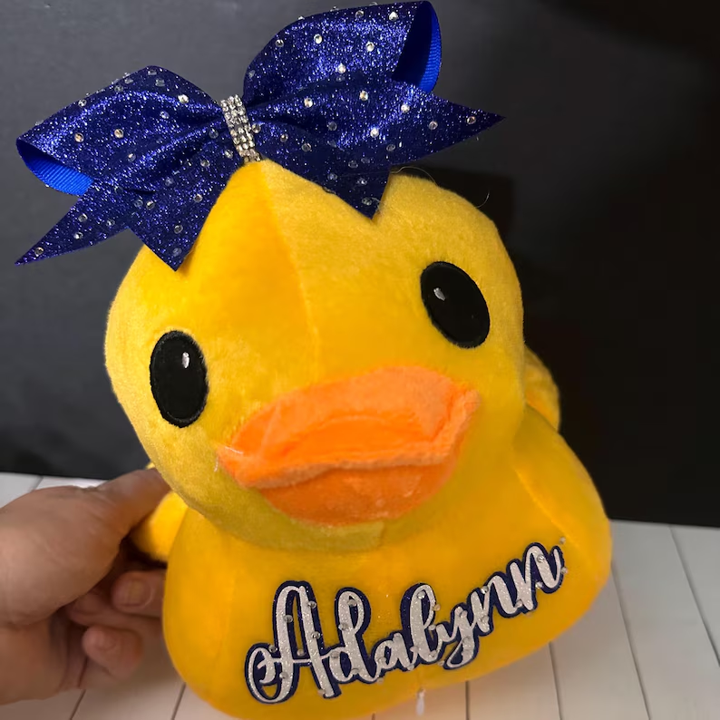 Personalized Plush Duck with Rhinestones Cheer Bow, Stuffed Duck Toy, Competition Duck Cheerleading Gift, Competition Cheer Duck, Cheer Team Gift