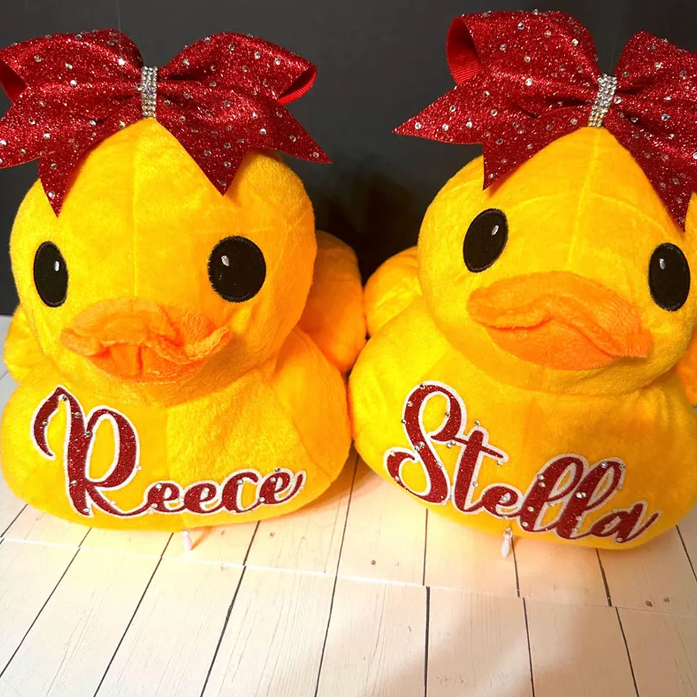Personalized Plush Duck with Rhinestones Cheer Bow, Stuffed Duck Toy, Competition Duck Cheerleading Gift, Competition Cheer Duck, Cheer Team Gift