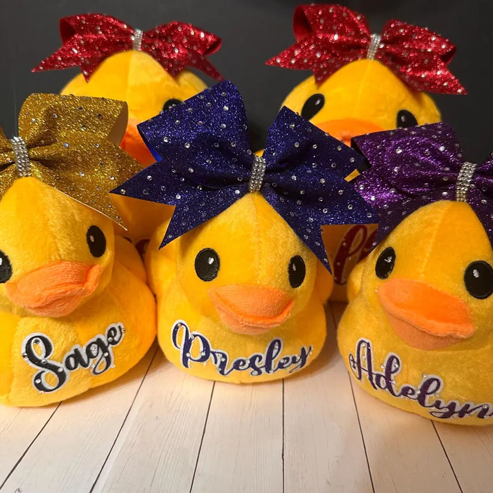 Personalized Plush Duck with Rhinestones Cheer Bow, Stuffed Duck Toy, Competition Duck Cheerleading Gift, Competition Cheer Duck, Cheer Team Gift
