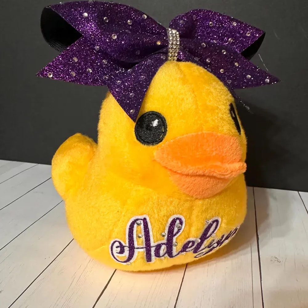 Personalized Plush Duck with Rhinestones Cheer Bow, Stuffed Duck Toy, Competition Duck Cheerleading Gift, Competition Cheer Duck, Cheer Team Gift