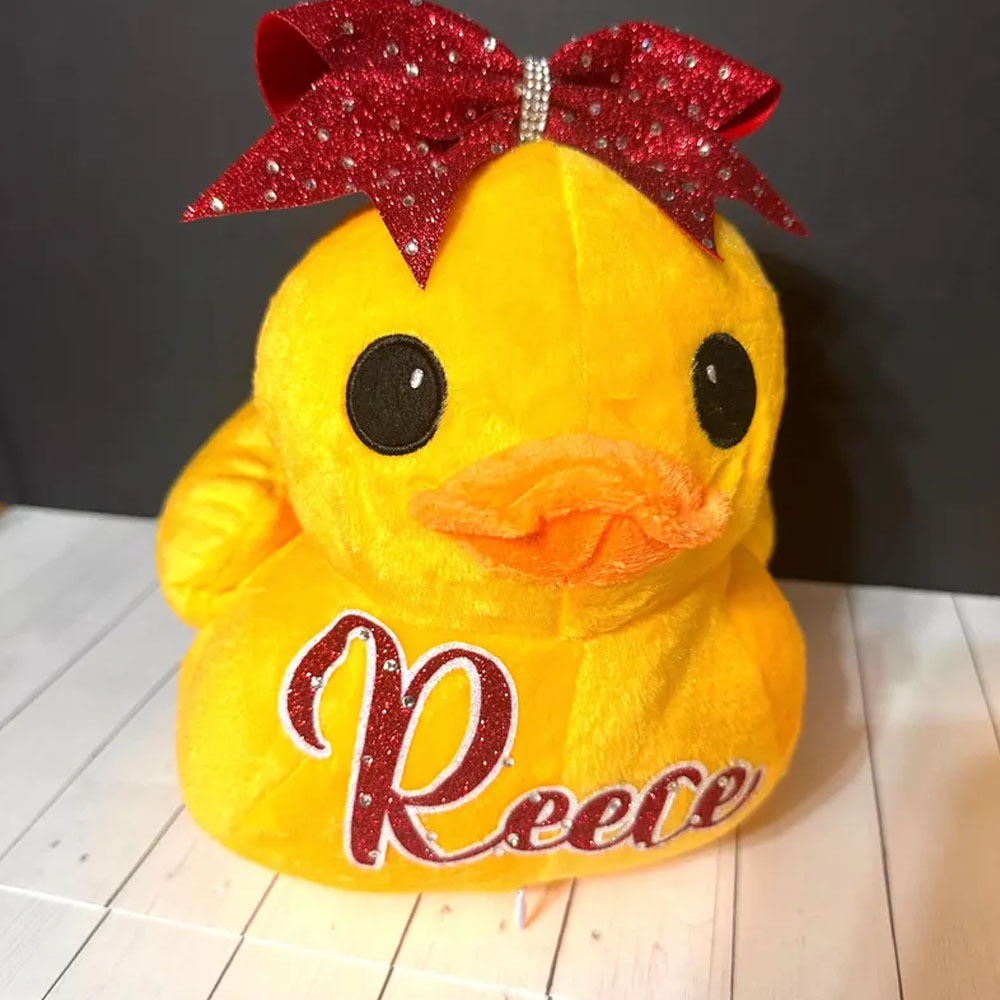 Personalized Plush Duck with Rhinestones Cheer Bow, Stuffed Duck Toy, Competition Duck Cheerleading Gift, Competition Cheer Duck, Cheer Team Gift
