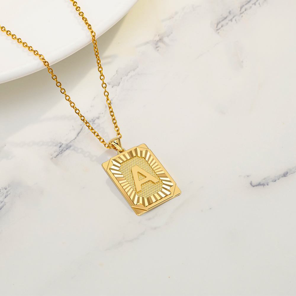 Engravable 18K Gold Plated Initial Tag Pendant Necklace, Free Chain Free Gift Box