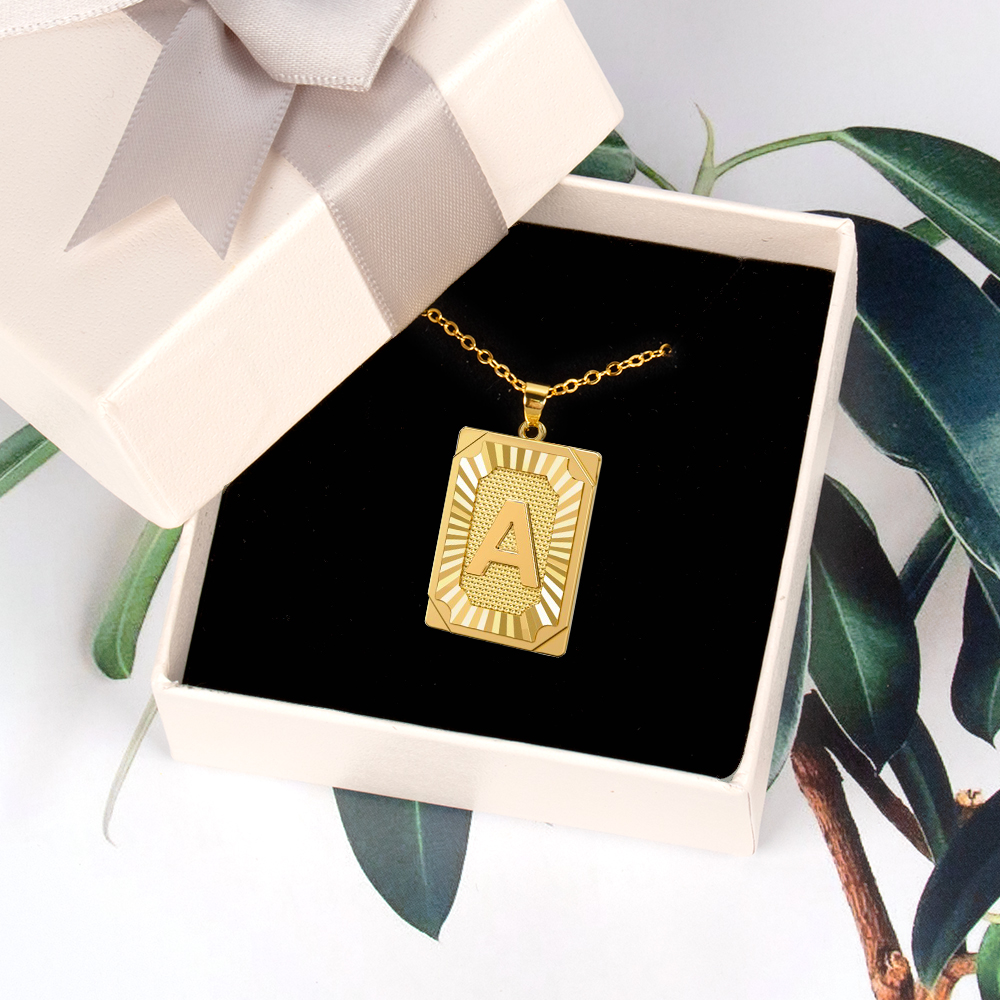 Engravable 18K Gold Plated Initial Tag Pendant Necklace, Free Chain Free Gift Box