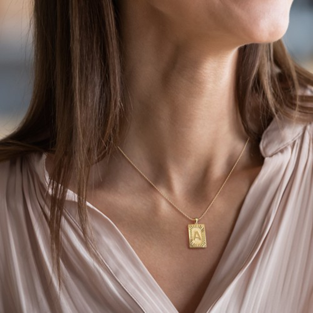Engravable 18K Gold Plated Initial Tag Pendant Necklace, Free Chain Free Gift Box