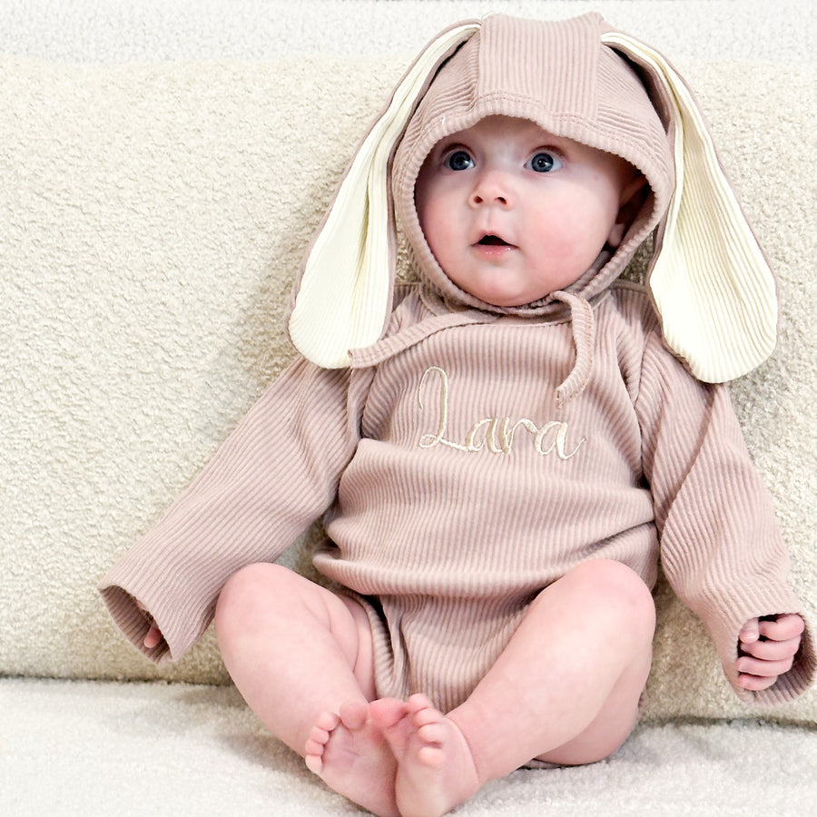 Personalized 3Piece(Romper + Hat + Socks) Baby Clothes Rabbit Ears Hat Long Sleeved Ribbed Solid Bodysuit Suit Newborn easter Outfits First Easter gift