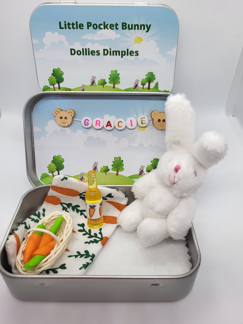 Personalized Bunny Plush Pocket, Picnic Basket Carrots Tin, Anxiety Pocket Hug, Bunny Gift, Easter or Birthday Gift, Cute Fluffy Bunny