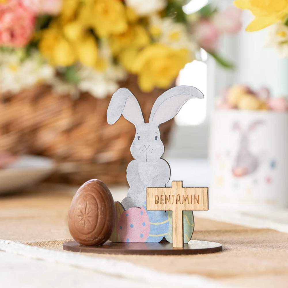 Personalized Name Easter Gift Rabbit Easter Egg Holder, Wooden Easter Basket Bunny Rabbit Themed Holder, Wood Engraved Bunny Basket Rabbit