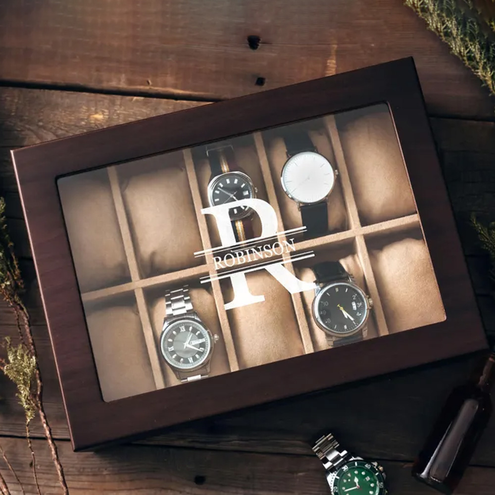 Custom Engraved Watch Box for Men,Wooden Watch Display Case,Watch Holder Organizer Storage Stand,Gift for Dad,Anniversary/Valentines Gift for Men