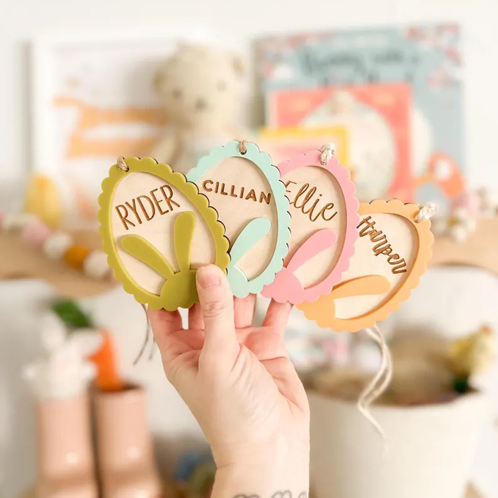 Custom Wooden Easter Basket Tags with Name, Scalloped Bunny Tag for Gifts Bags with String, Easter Eggs Decor, Easter Decorations, Easter Gifts for Kids