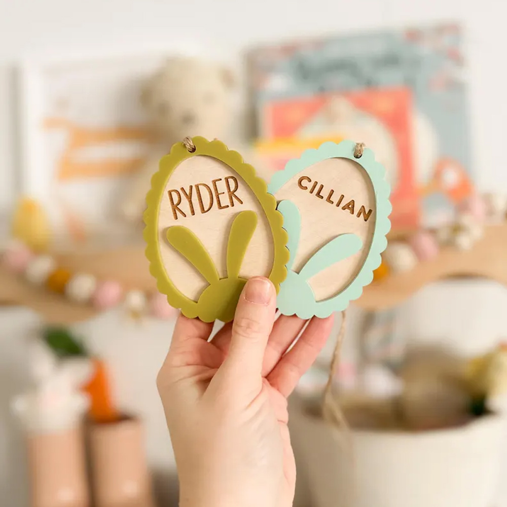 Custom Wooden Easter Basket Tags with Name, Scalloped Bunny Tag for Gifts Bags with String, Easter Eggs Decor, Easter Decorations, Easter Gifts for Kids