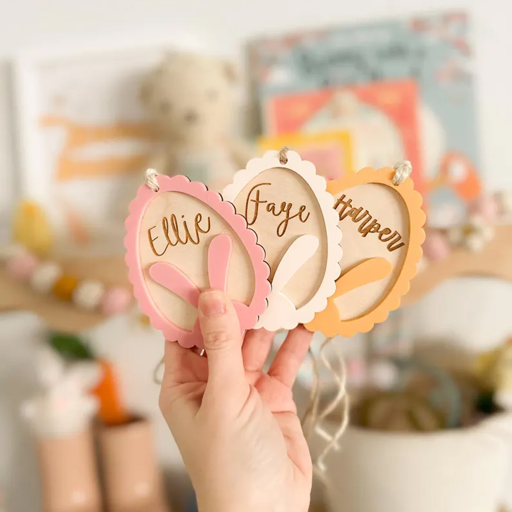 Custom Wooden Easter Basket Tags with Name, Scalloped Bunny Tag for Gifts Bags with String, Easter Eggs Decor, Easter Decorations, Easter Gifts for Kids