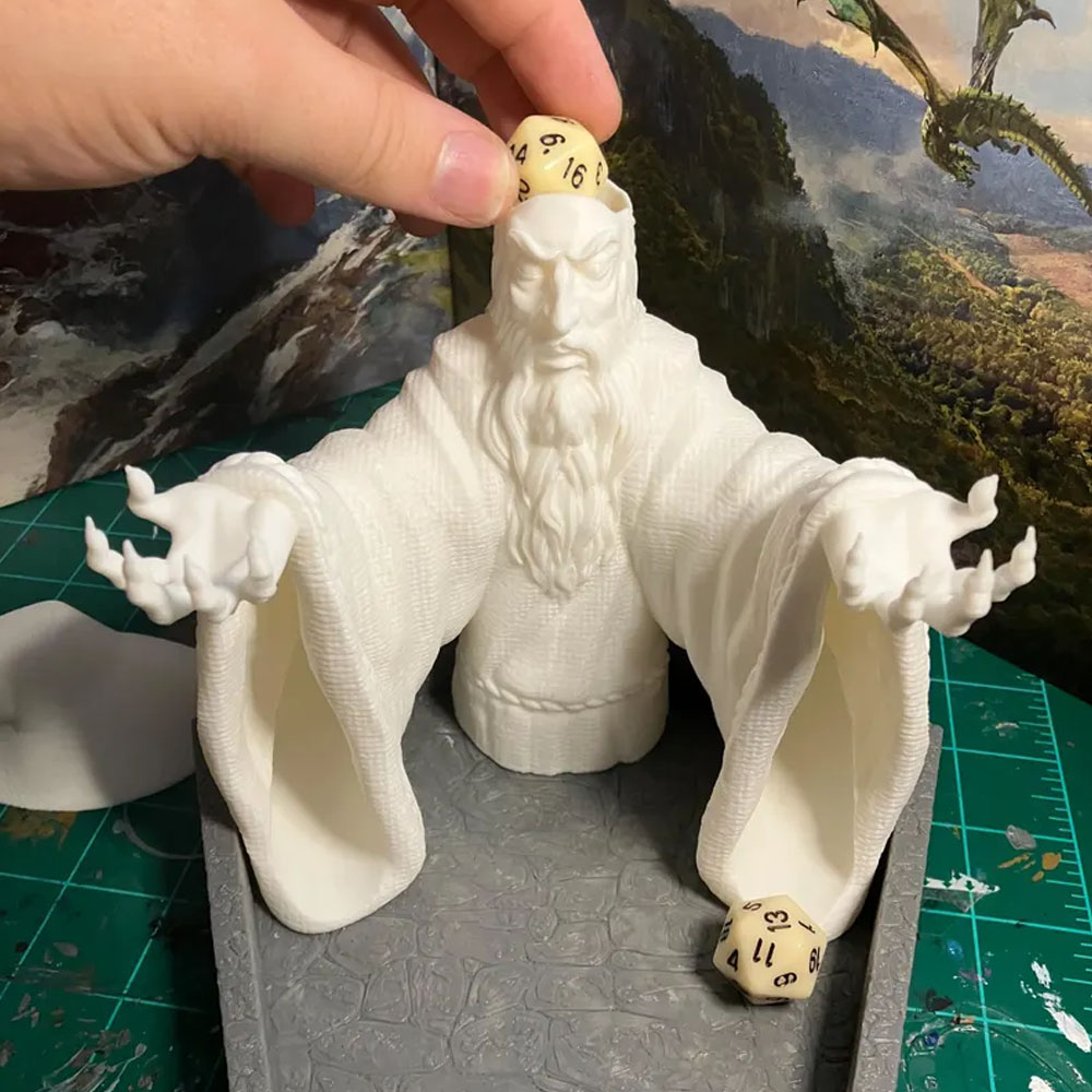 Wizard Dice Tower with Removable Hat, Roll D20 Die in His Head & Out His Sleeves! Perfect Nerdy Gift Tabletop Accessory for DND