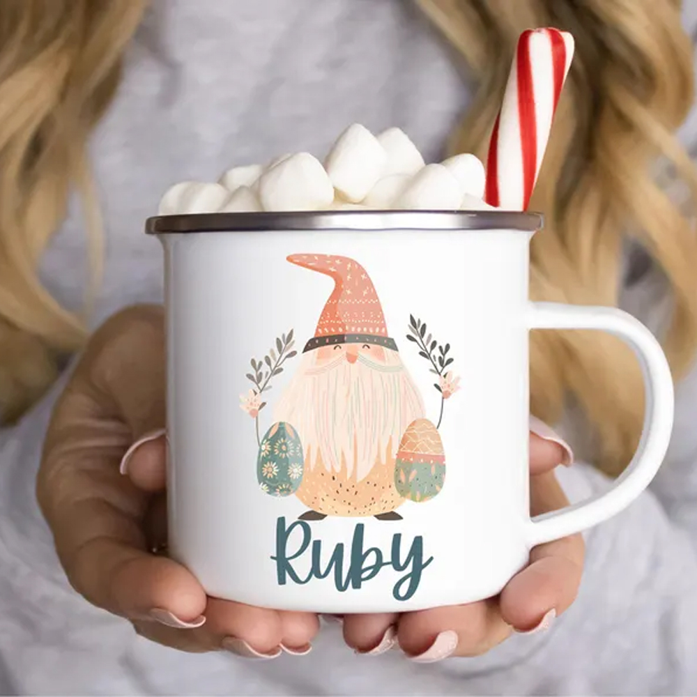 Personalized Kids Easter Enamel Mug, Custom Name Camping Animal Mugs, Easter Basket Stuffer, Easter Gift for Kids, Hot Chocolate Mug, Kids Party Favor