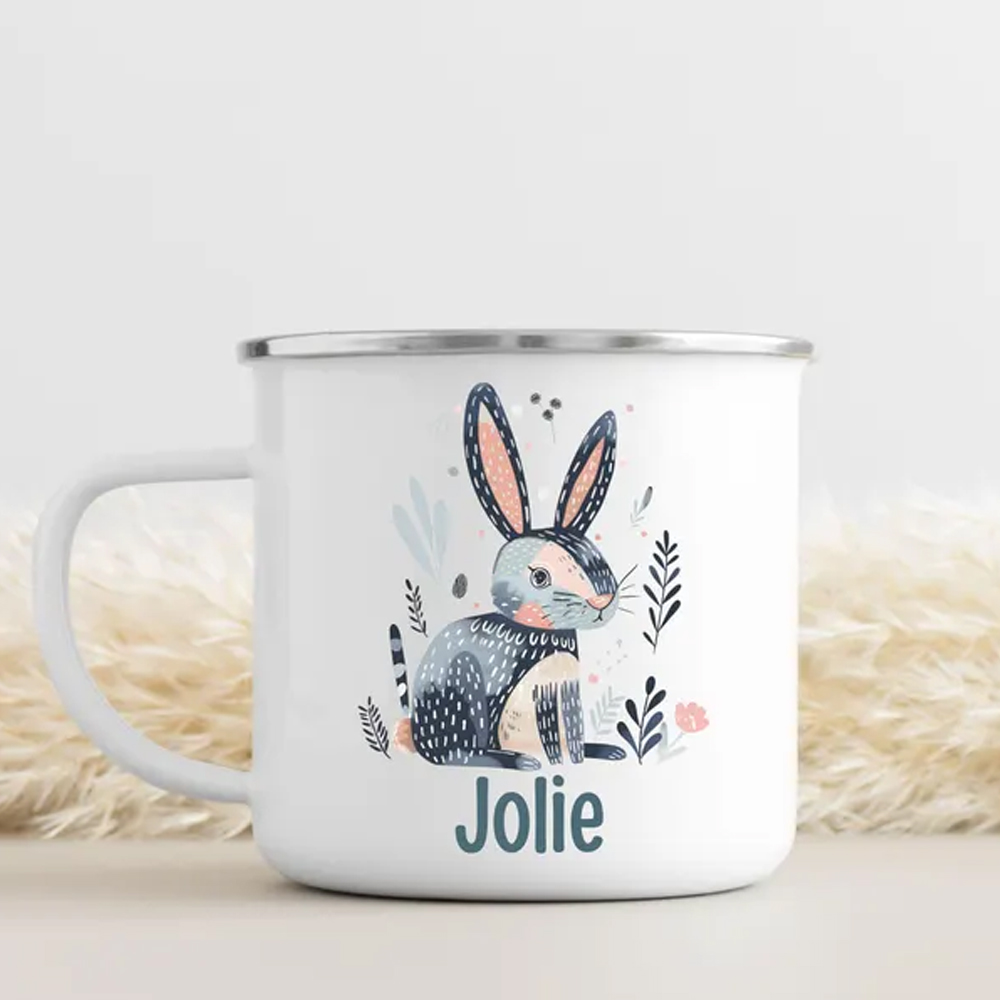 Personalized Kids Easter Enamel Mug, Custom Name Camping Animal Mugs, Easter Basket Stuffer, Easter Gift for Kids, Hot Chocolate Mug, Kids Party Favor