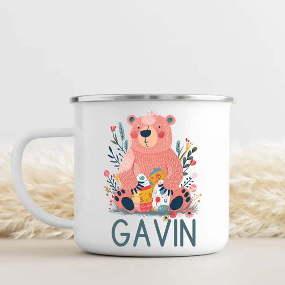 Personalized Kids Easter Enamel Mug, Custom Name Camping Animal Mugs, Easter Basket Stuffer, Easter Gift for Kids, Hot Chocolate Mug, Kids Party Favor