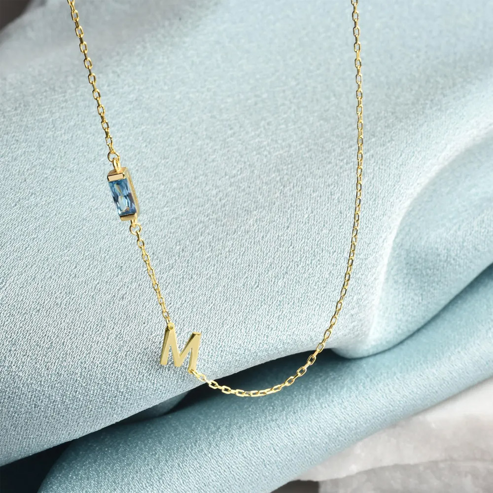 Personalized Baguette Birthstone and Sideways Initial Necklace,  Gemstone Letter Pendant, Gift for Her