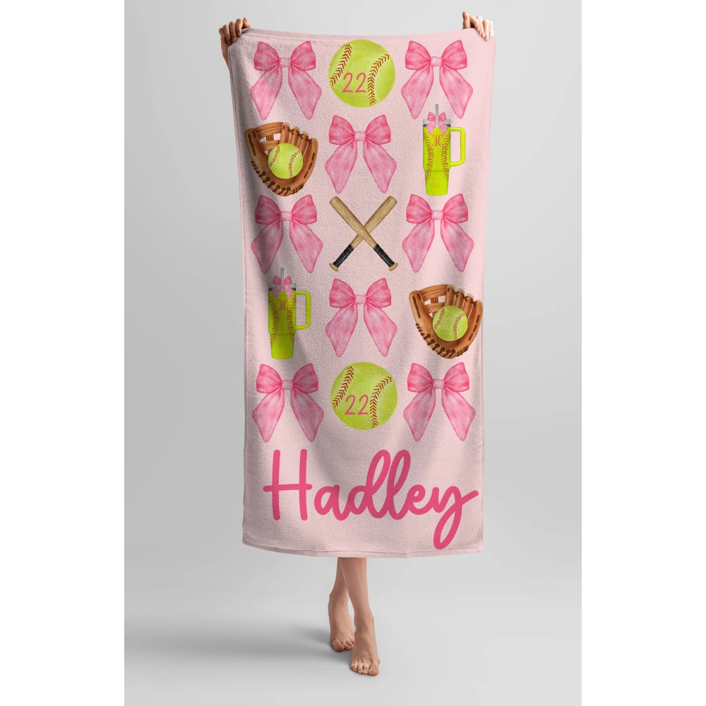 💖BUY 2 FREE SHIPPING💖 Personalized Softball with Bows Coquette Beach Towel