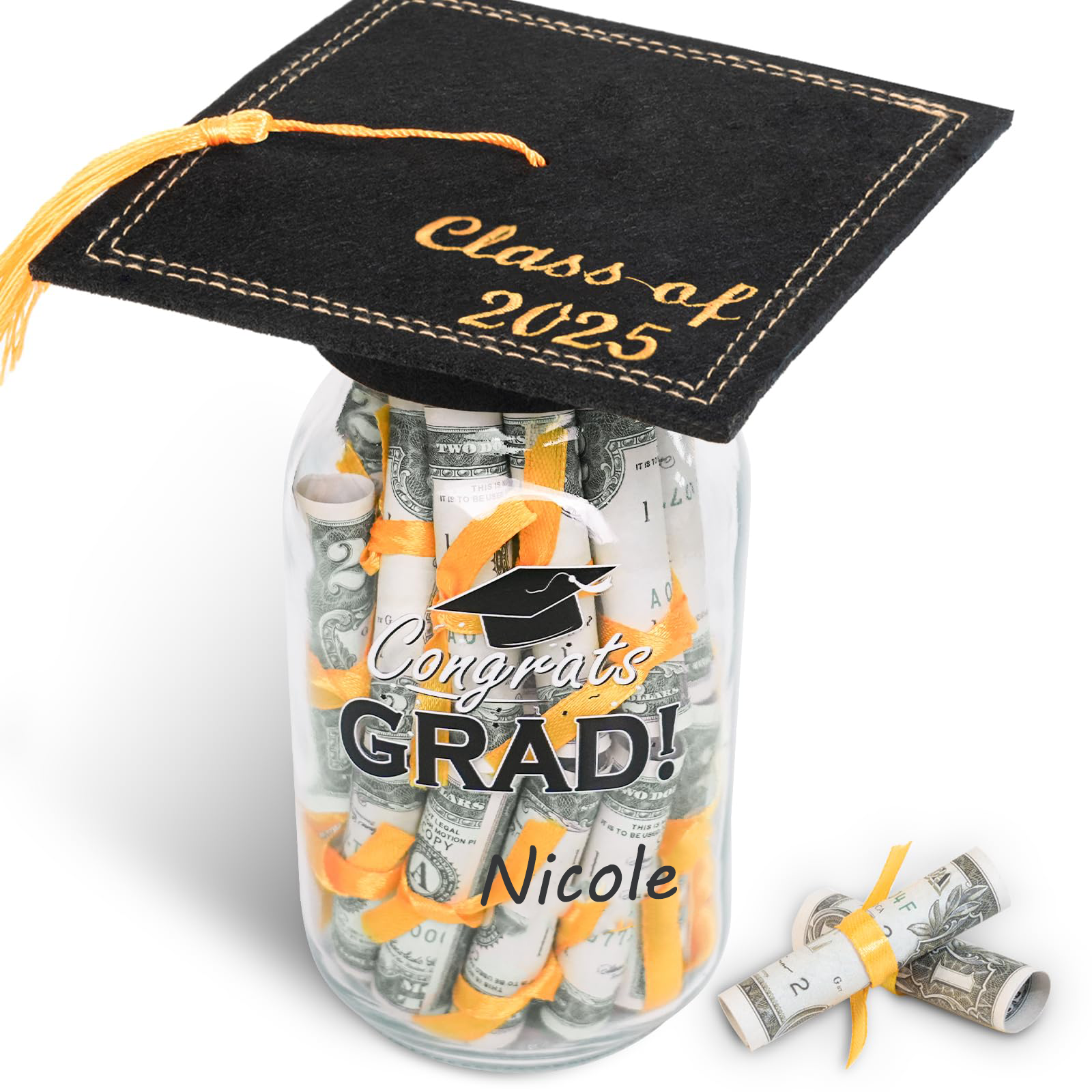 💖Buy 2 Free Shipping💖Personalized Name Graduation Mason Jar, Filled with Money & Class of 2025 Cap Kit, Centerpieces Congrats Decorations Party Supplies for Him/Her Women Men College High School