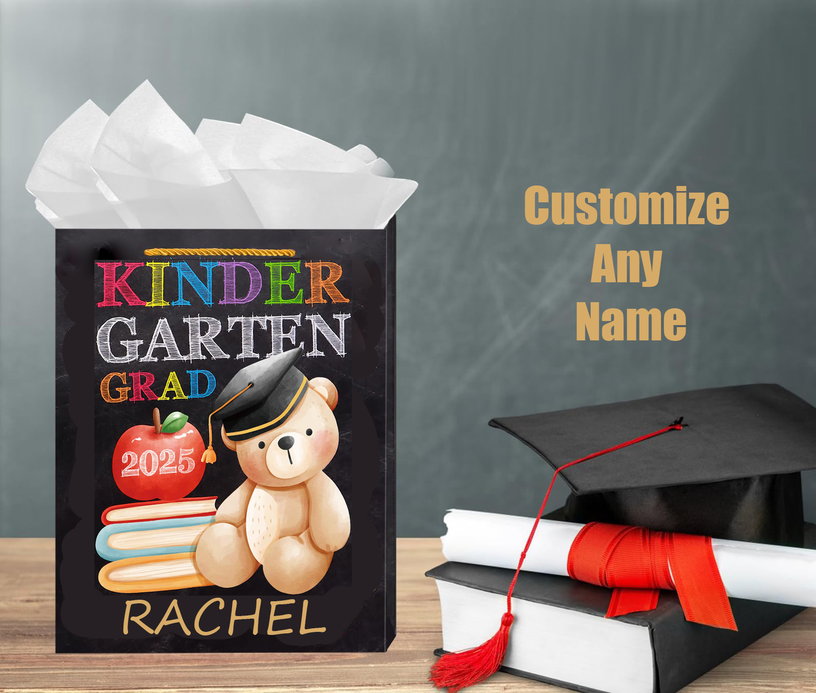 💖Buy 2 Free Shipping💖Personalized Name Kindergarten Graduation Gift Bag for Boys Girls 2025-11.5'' Teddy Bear Kindergarten Grad Gift Bags with Tissue Paper and Handle, Ki