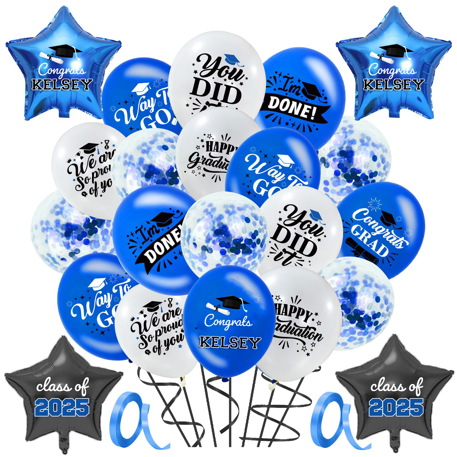 💖Buy 2 Free Shipping💖Personalized Graduation Balloons 2025, 25 Pcs Graduation Party Balloon Set Include Blue Graduation Confetti Balloons, Graduation Latex Balloons and Star Balloons for Graduation Party Supplies