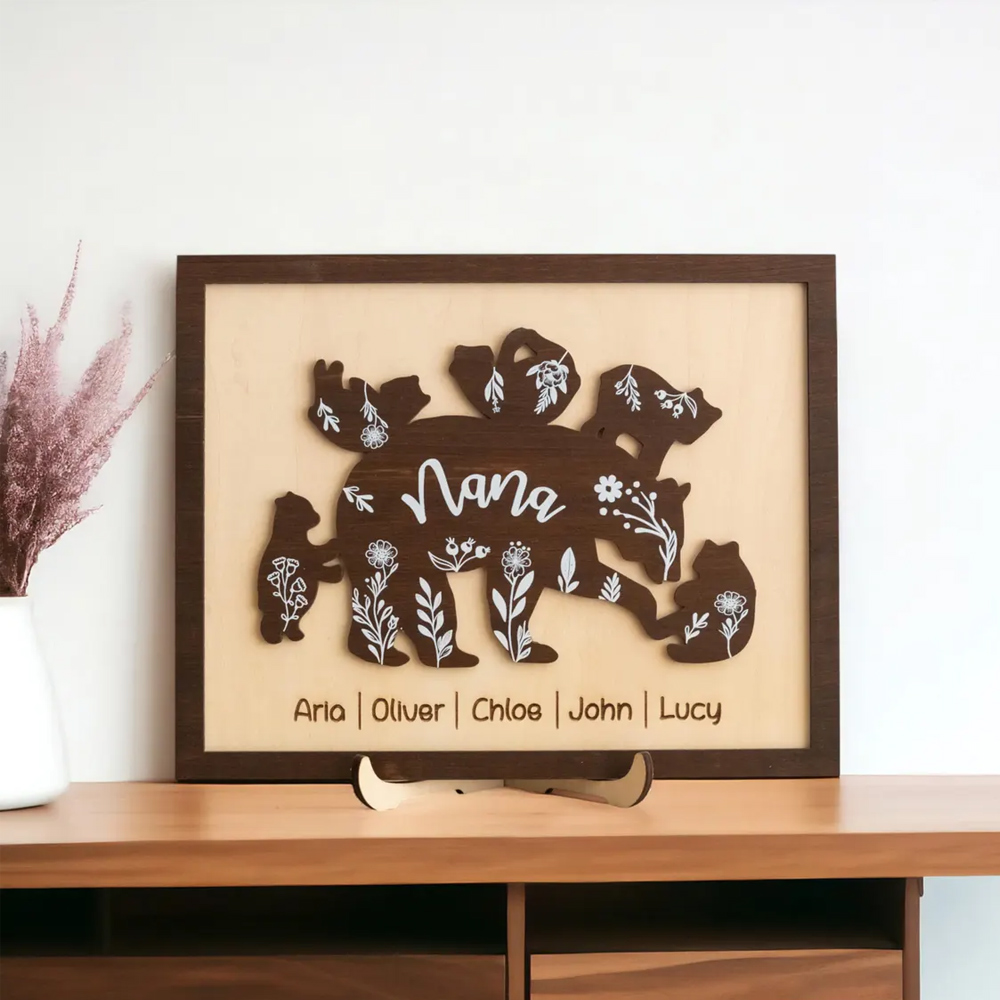 Custom 1-5 Names Mama Bear & Cubs Sign with Bracket, Wooden Floral Family Sign Plaque, Home Decor, Birthday/Mother's Day Gift for Mom/Grandma/Family