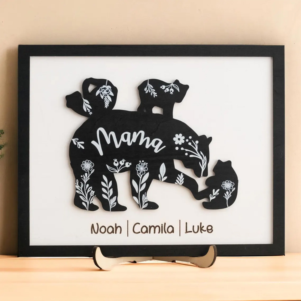 Custom 1-5 Names Mama Bear & Cubs Sign with Bracket, Wooden Floral Family Sign Plaque, Home Decor, Birthday/Mother's Day Gift for Mom/Grandma/Family