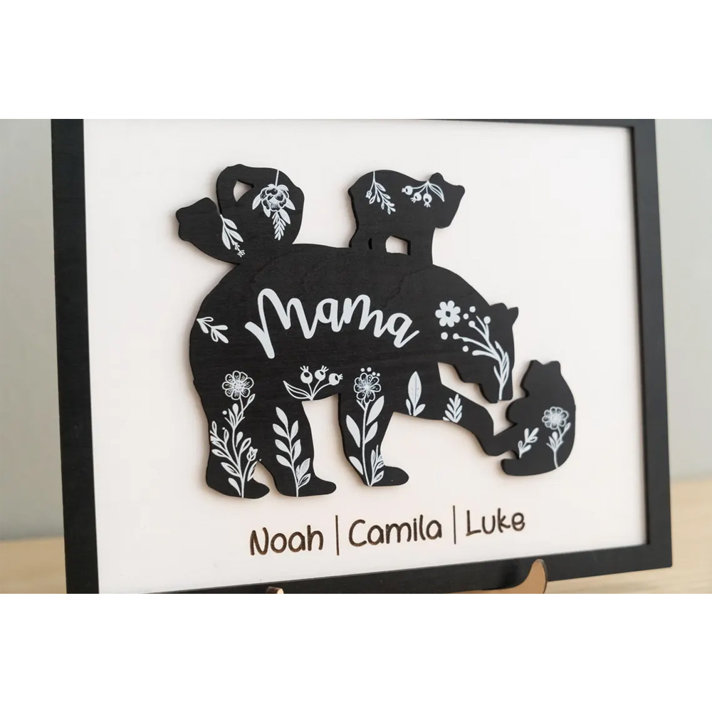 Custom 1-5 Names Mama Bear & Cubs Sign with Bracket, Wooden Floral Family Sign Plaque, Home Decor, Birthday/Mother's Day Gift for Mom/Grandma/Family