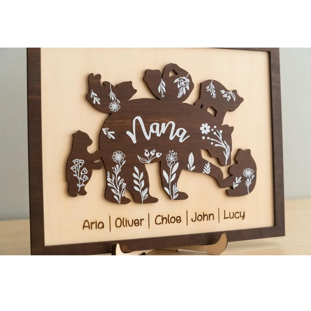 Custom 1-5 Names Mama Bear & Cubs Sign with Bracket, Wooden Floral Family Sign Plaque, Home Decor, Birthday/Mother's Day Gift for Mom/Grandma/Family