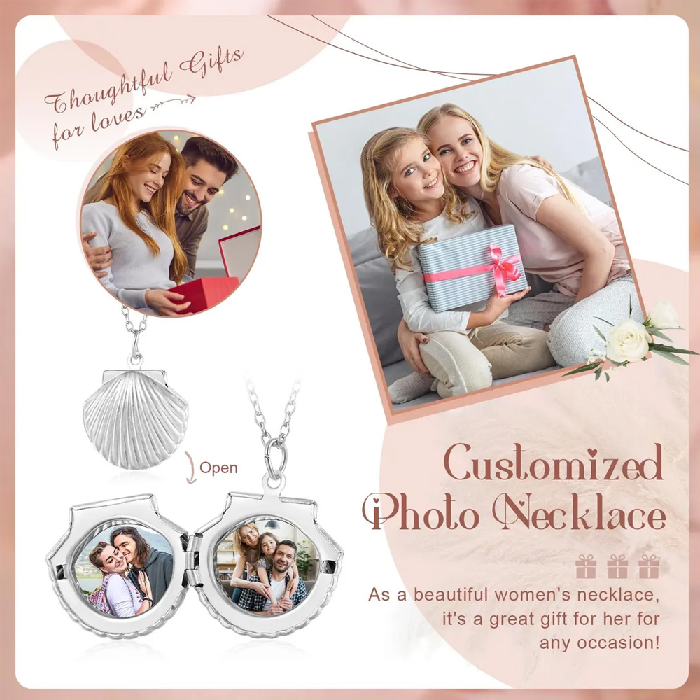 Personalized Sea Shell Locket Necklace with 1-2 Photos, Sterling Silver 925 Jewelry,  Memorial Locket Necklace, Birthday/Christmas Gift for Her/Mom