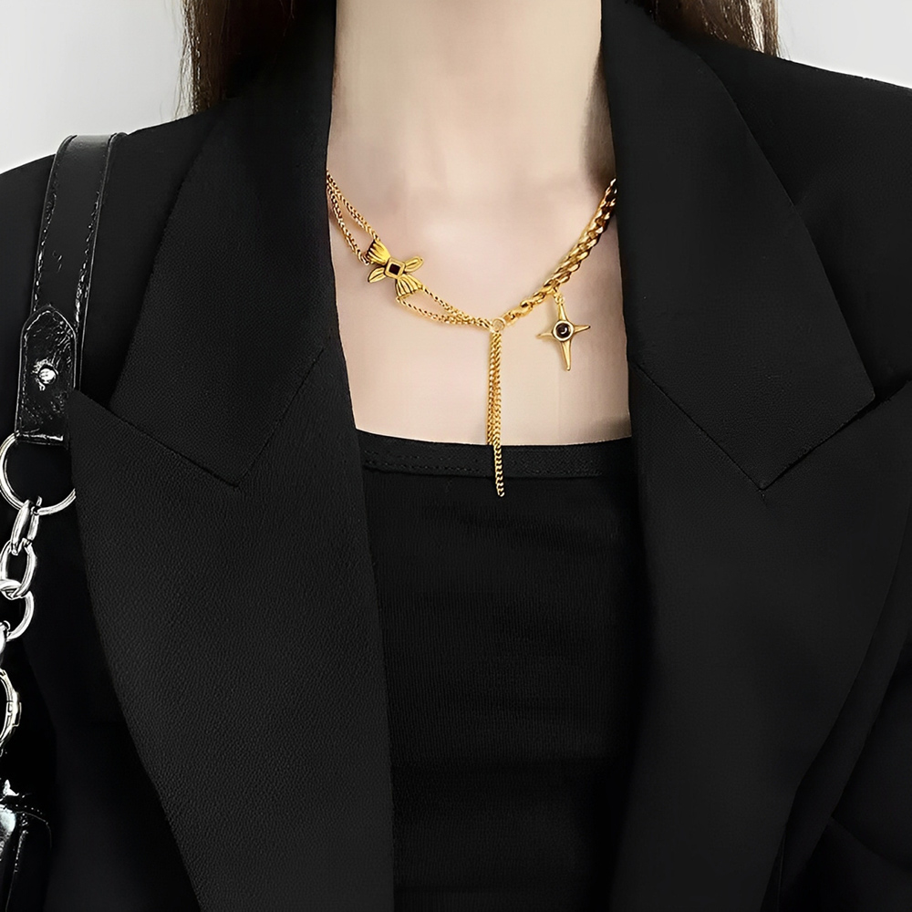 Custom Birthstone Celestial Necklace – Vintage Alloy Star Pendant with Layered Gothic Chain for Women