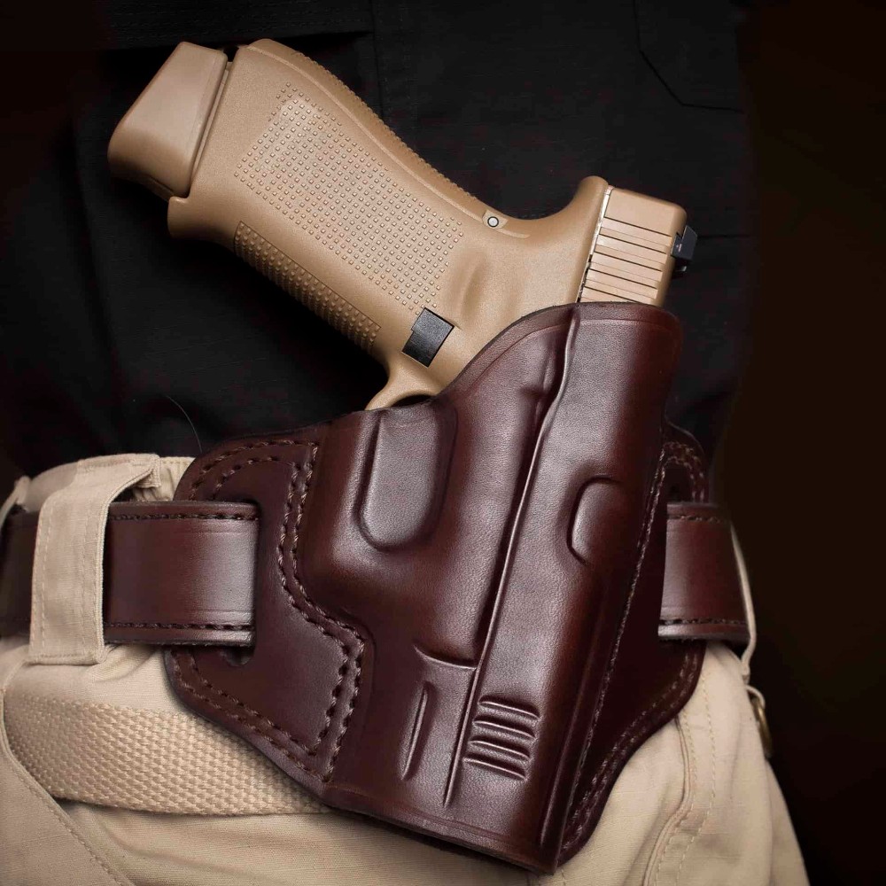 OWB Leather Glock 19 Holster, Pancake Style Undercover Design, Secure & Concealed Carry Holster with Double Belt Slots