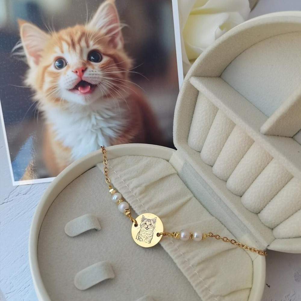Personalized Engraved Pet Portrait Morse Code Bracelet with Pearls, Pet Loss Jewelry, Memorial/Anniversary Gift for Pet Owners/Animal Lovers