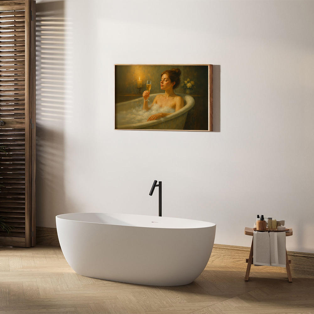 Vintage Woman in Bathtub Wall Art – Framed or Unframed Canvas Print, Relaxation Bathroom Decor, Romantic Oil Painting Style