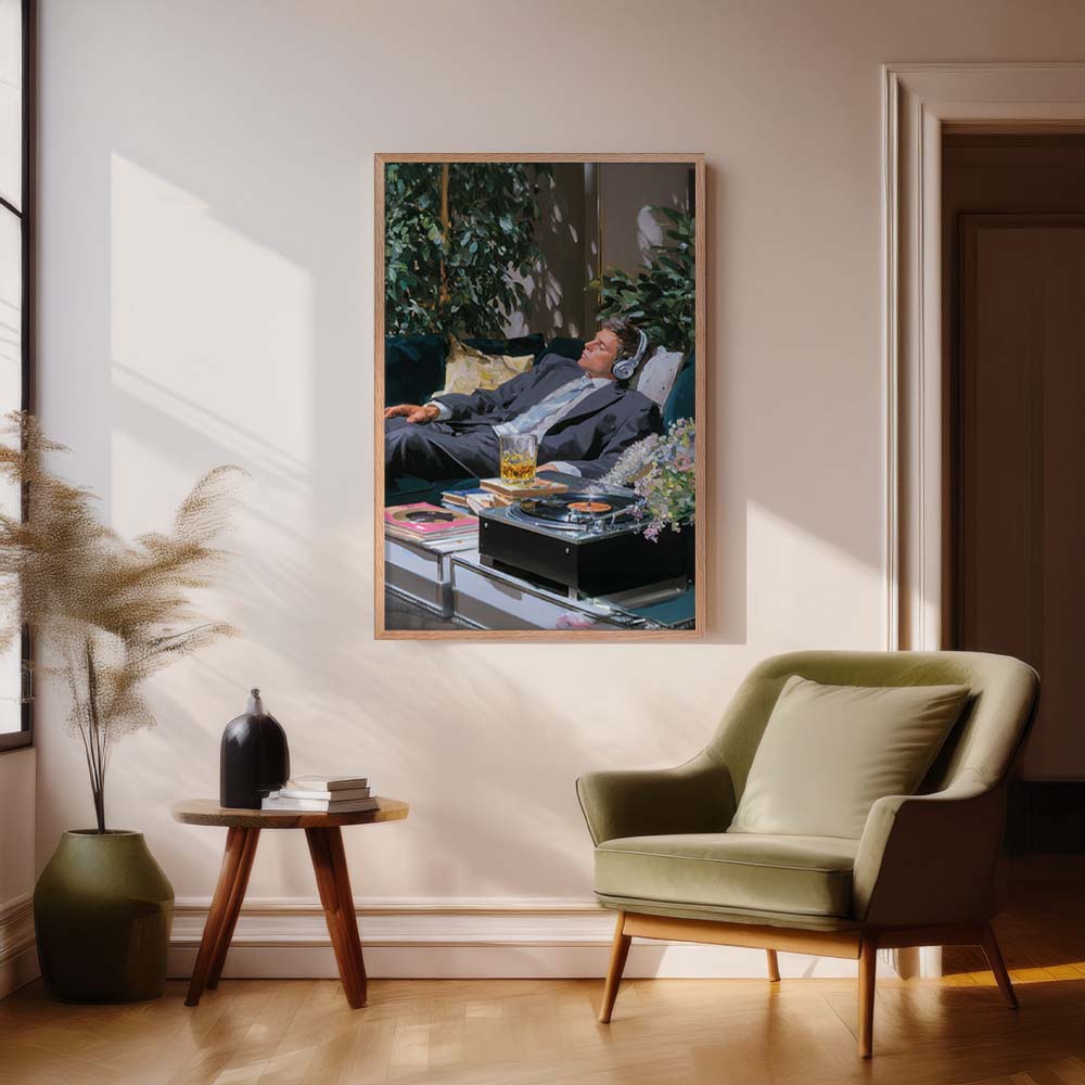 Relaxed Man in Living Room Wall Art – Framed or Unframed Canvas Print, Modern Lounge Decor, Cozy Painting Style