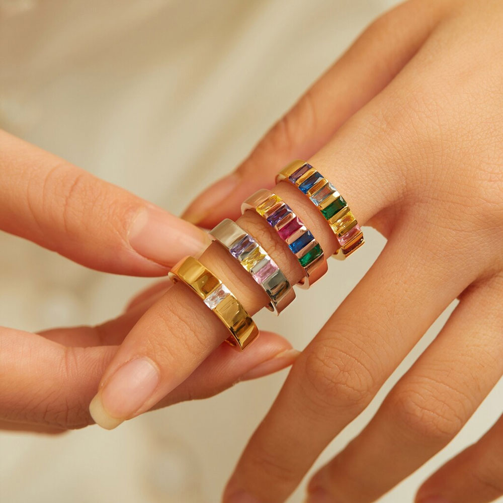 Personalized Baguette Birthstone Ring, Wide Band Ring with 1-7 Birthstones, Family Jewelry, Mother's Day/Birthday Gift for Mom/Grandma/Family