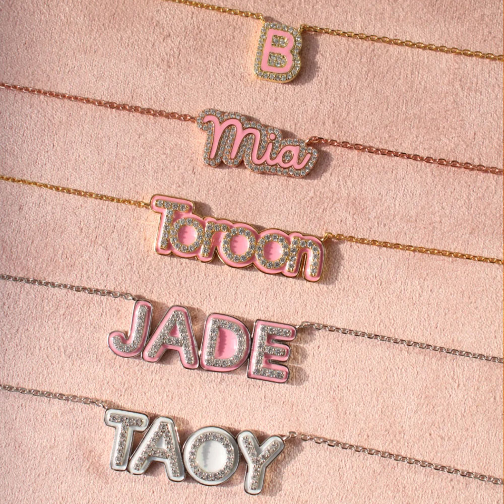 Custom Name Pave Outline Enamel Necklace, Multicolor Bubble Letter Pendant Necklace, Minimalist Jewelry, Birthday/Anniversary Gift for Women/Girls