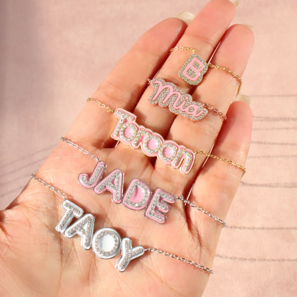 Custom Name Pave Outline Enamel Necklace