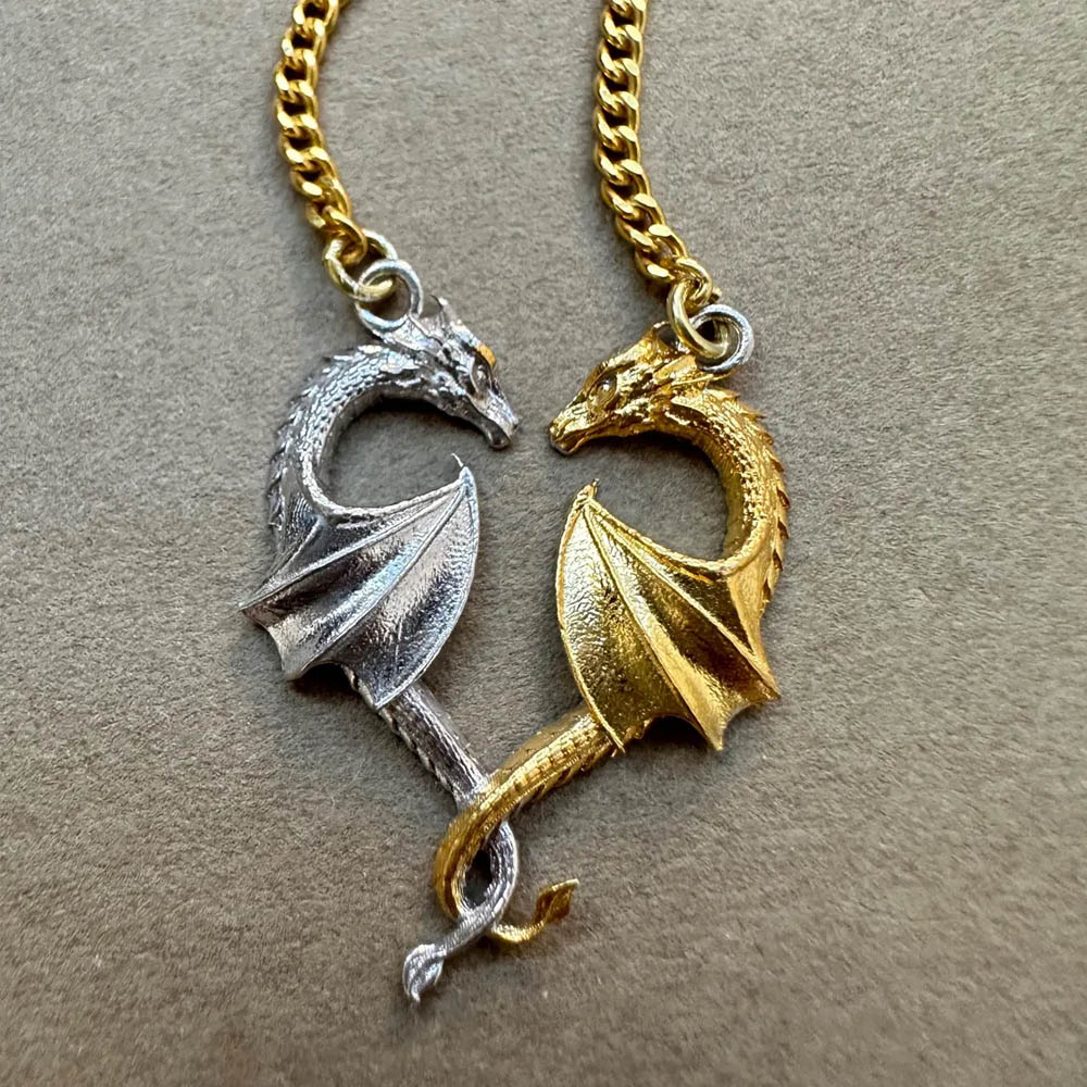 Twin Dragons Heart Shaped Pendant Necklace