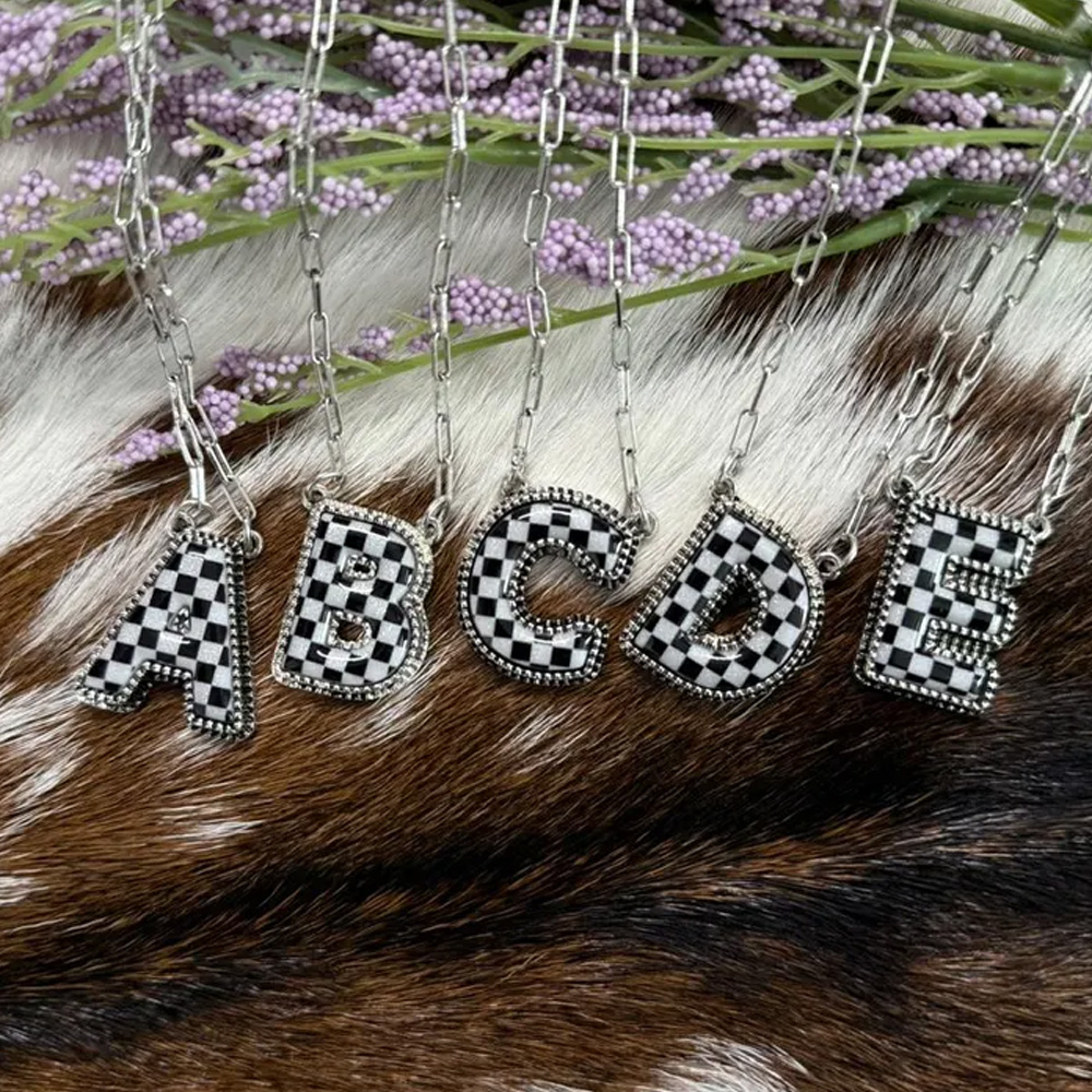 Black and White Plaid Monogram Necklace