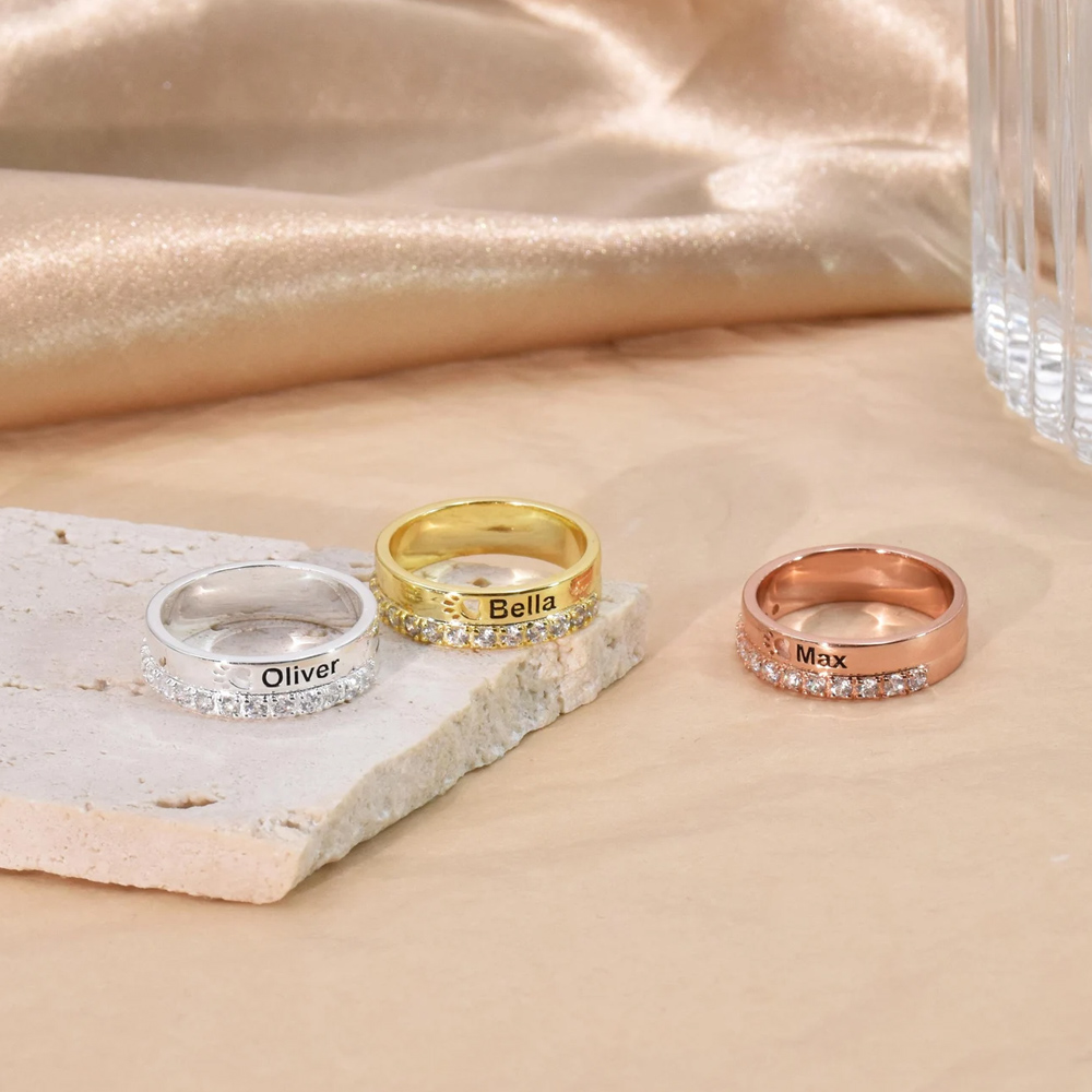 Custom Engraved Name Hollow Paw Print Ring, Sterling Silver 925 Pet Memorial Jewelry, Birthday/Anniversary Gift for Dog/Cat Mom/Pet Lovers/Owners