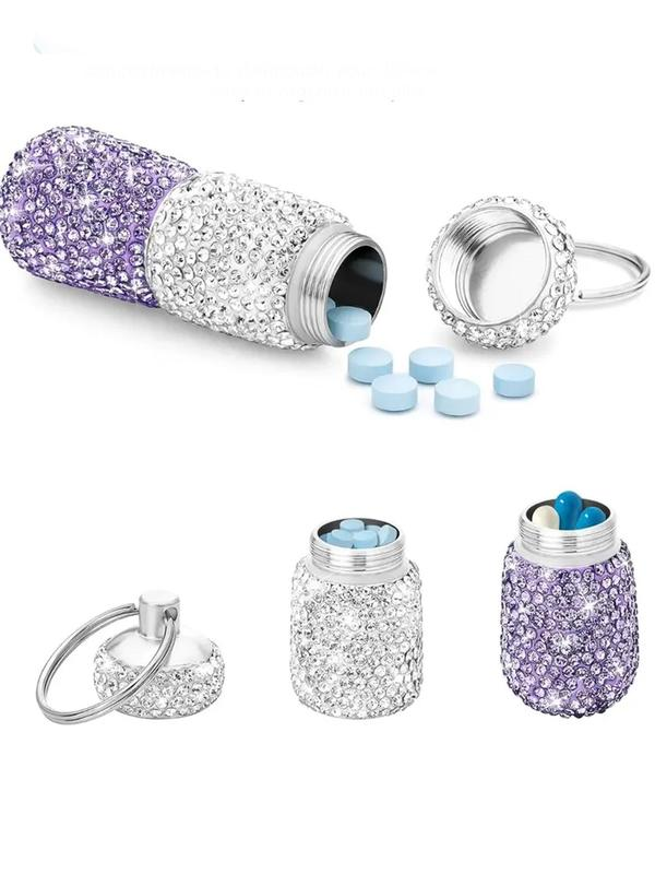 Personalized Summer Rhinestone Decorated Portable Pill Box Keychain, Portable Pill Case Organizer Keychain, Key Ring for Women & Men As Gift, Girlfriend Gifts, Women Gifts