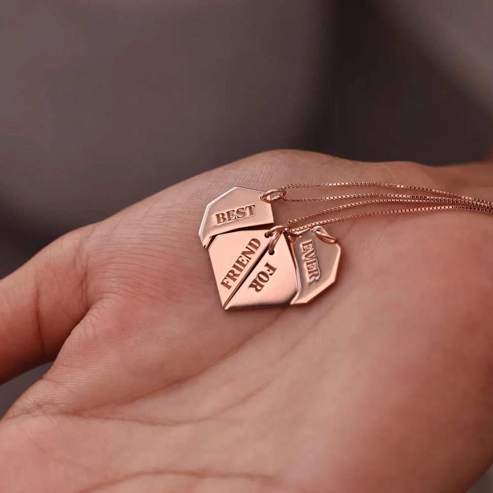 Custom Engraved Heart BFF Matching Necklace, Origami Friendship Jewelry Set of 2/3/4, Birthday/Valentine's Day/Anniversary Gift for Her/Best Friends