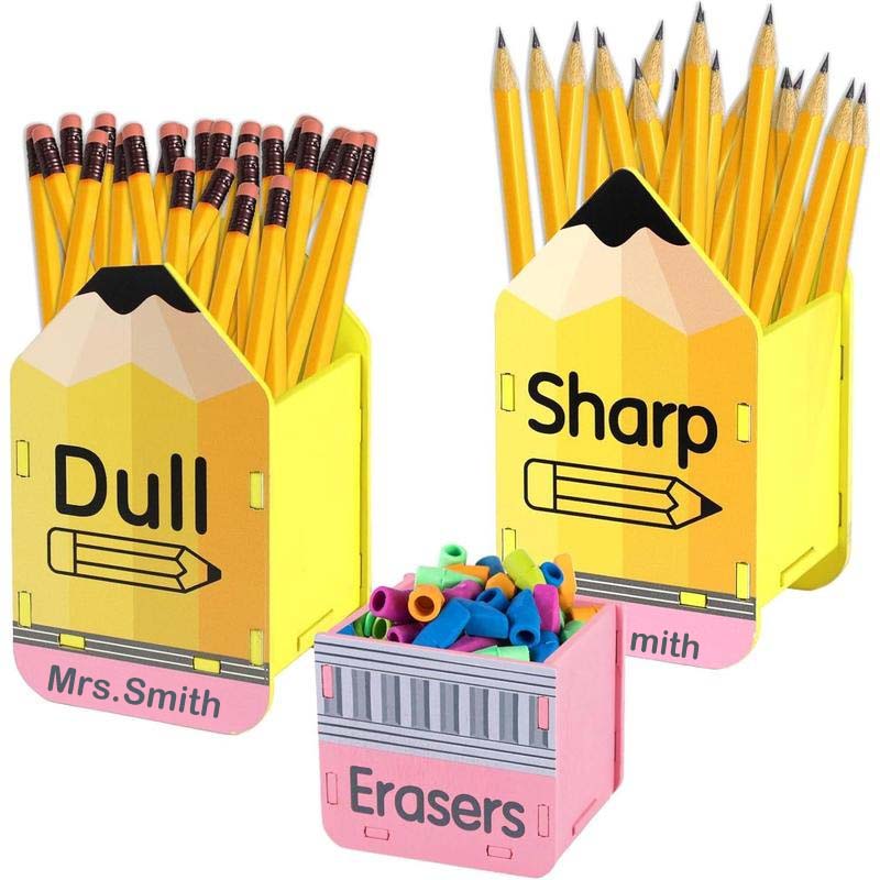 💗Set of 3pcs💗Pencil Shaped Pencil Holder Eraser Storage to School Wooden Pencil Dispenser and Dull Pencil Holder for School Classroom Students Teachers Office Desk